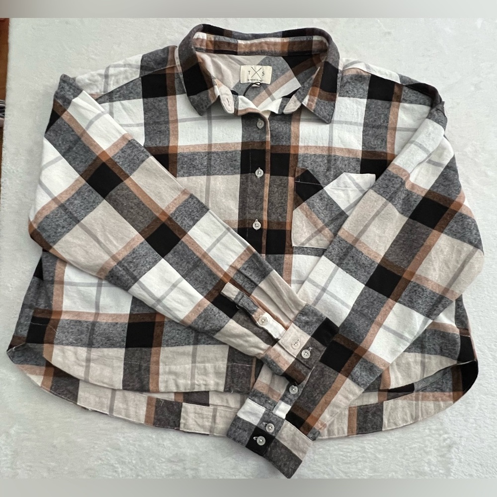 Thread & Supply Plaid Cropped Cotton Button Down Shirt, NWT, Size L - Picture 4 of 15